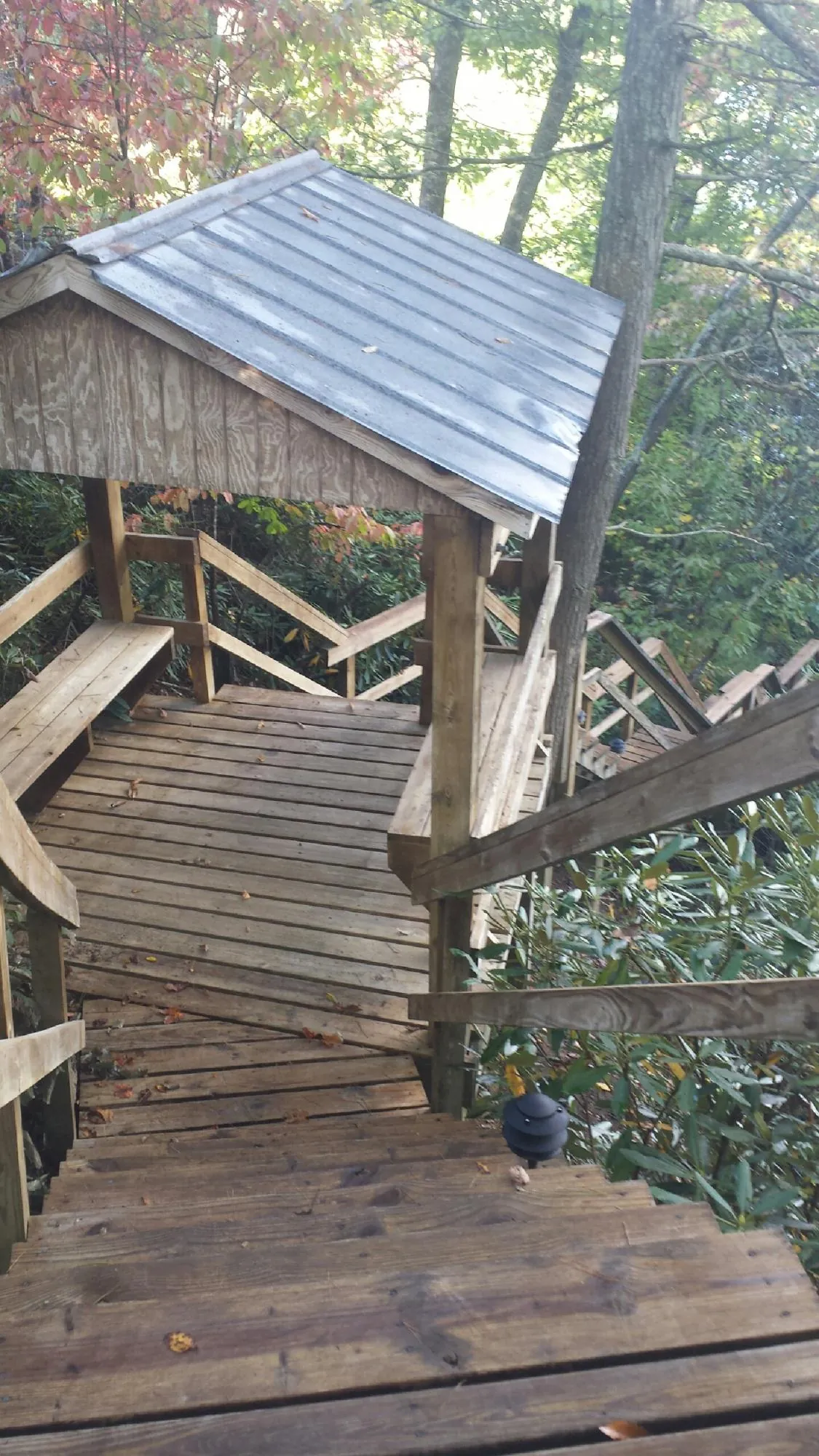 Metal roofed shelter over wooden steps on a wooded walkway — Skylight Repair & Installation work by our crew in Empire